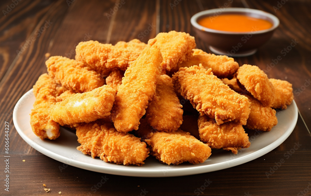 A Generative AI Illustration of Breaded Chicken Strips with Dipping Sauce A Generative AI Illustration of Breaded Chicken Strips with Dipping Sauce