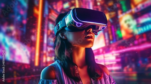 Young woman using glasses of virtual reality on dark background. Smartphone using with VR headset, future technology concept. cute girl using VR glasses in colorful neon lights, Generative AI