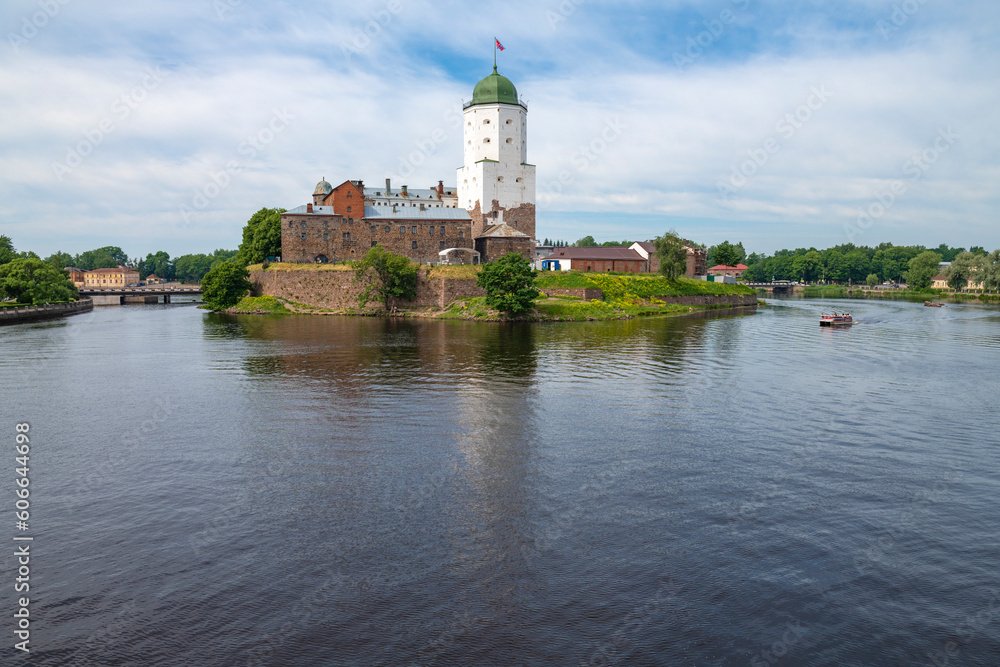 View of the ancient Vyborg castle on a July morning. Vyborg, Russia
