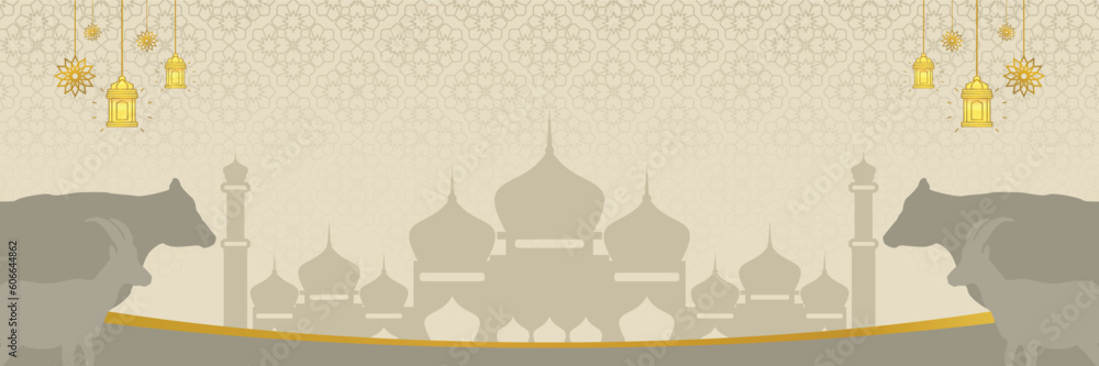 Islamic background for Eid al-Adha, with mosque, mandala, cow and goat icons. Banner template with empty space for text. qurban day vector illustration