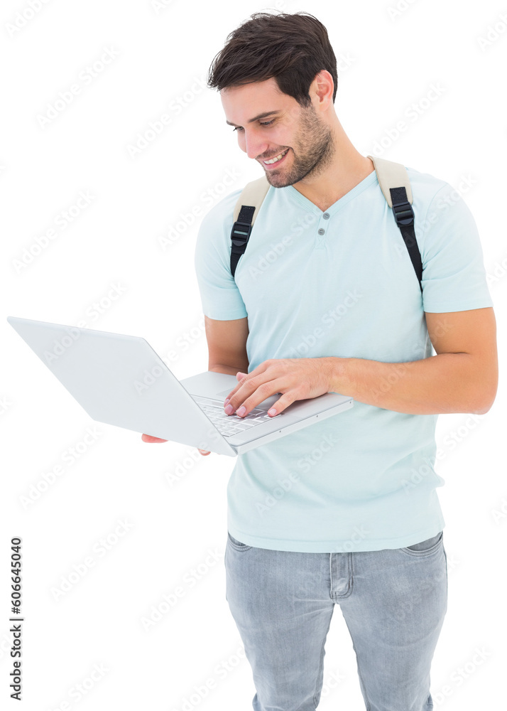 Digital png photo of smiling caucasian businessman using laptop on transparent background Digital png photo of smiling caucasian businessman using laptop on transparent background