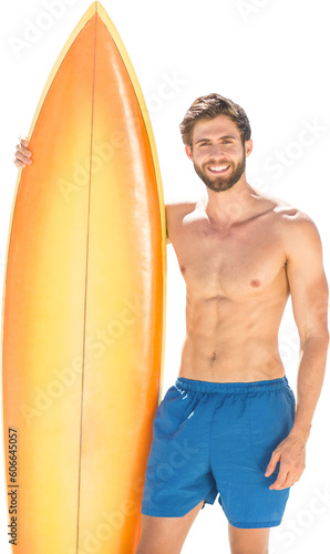 Digital png photo of fit caucasian man with surfboard on transparent background