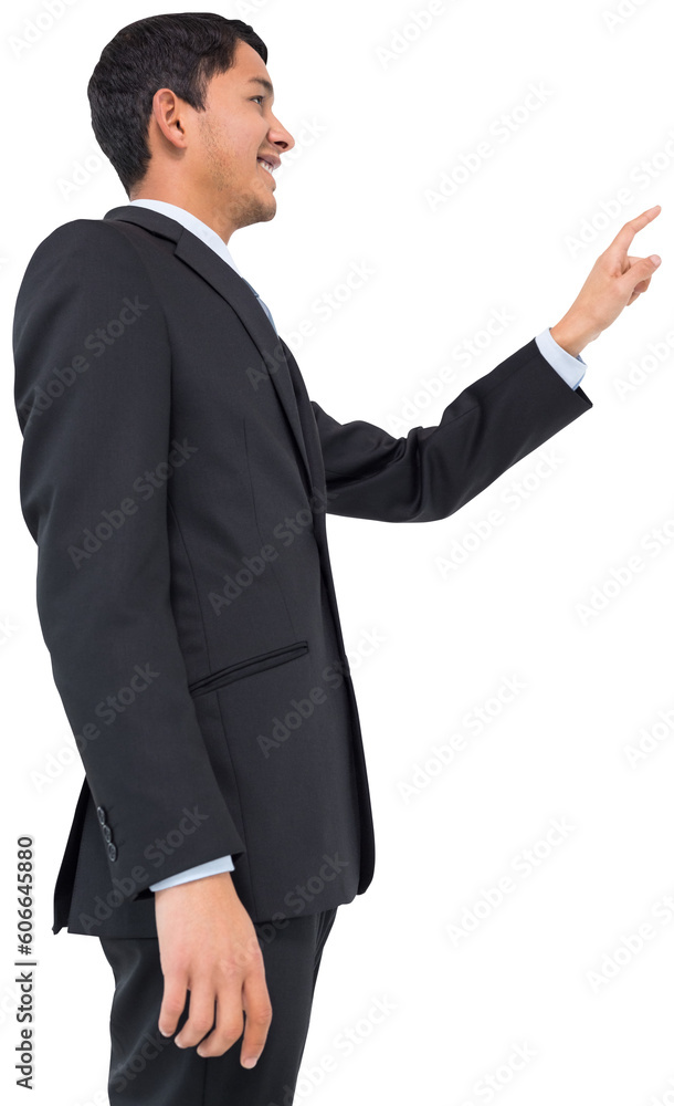 Digital png photo of biracial businessman touching virtual reality screen on transparent background Digital png photo of biracial businessman touching virtual reality screen on transparent background