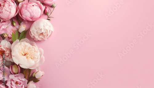 Roses on pink pastel background, Flat lay composition Soft light color, Fresh tulips, Greeting card, Closeup, © RBGallery