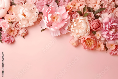 Roses on pink pastel background, Flat lay composition Soft light color, Fresh tulips, Greeting card, Closeup,