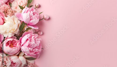Roses on pink pastel background, Flat lay composition Soft light color, Fresh tulips, Greeting card, Closeup,