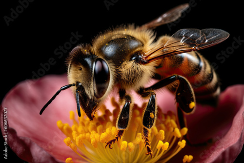 a bee on top of a pink flower with yellow stamen's petals in the background is a black background. Generative Ai photo