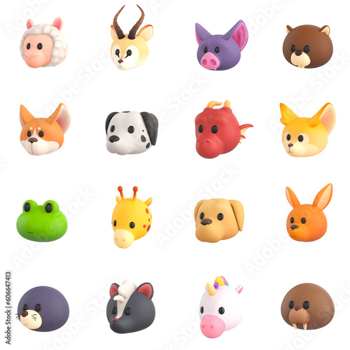Cute animal faces 3d render set