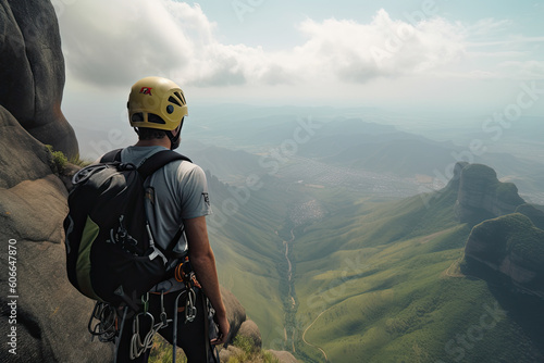 a man with a backpack on top of a mountain looking out at the valley below and mountains in the distance. Generative Ai