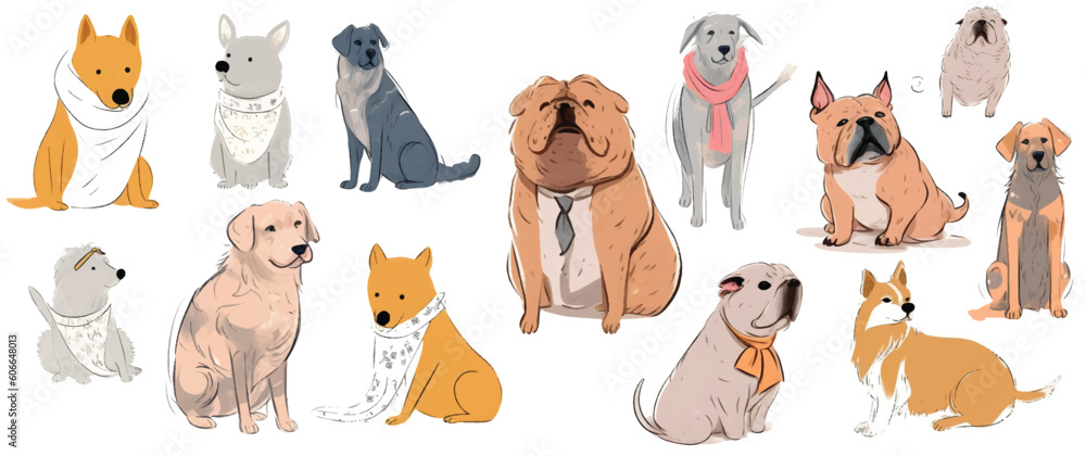 Dogs different poses sets isolated white background, Hand drawn pets collections.