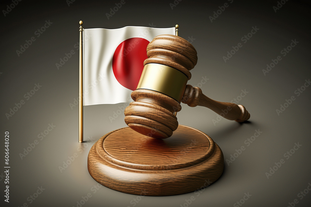 Gavel with Japanese flag. National flag of Japan, patriotism, lawsuit and politics in nation concept.  Made with Generative AI
