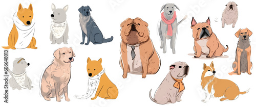 Dogs different poses sets isolated white background, Hand drawn pets collections.