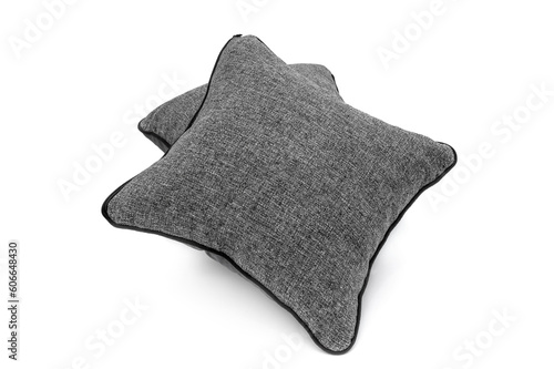Two grey pillows on a white background.