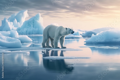 image of a polar bear on an ice floe with icebergs in the background