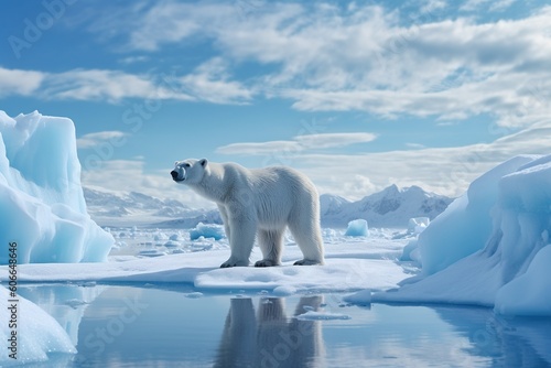 image of a polar bear on an ice floe with icebergs in the background © JetHuynh