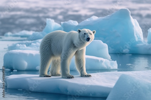 image of a polar bear on an ice floe with icebergs in the background