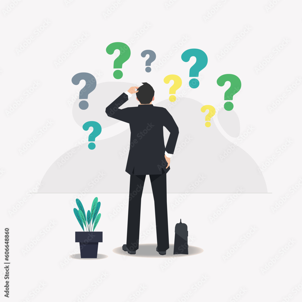 Obraz premium Businessman confused with question mark vector illustration