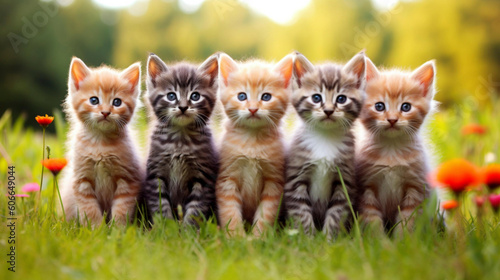 Generative A.I. different cute kittens sitting in a row in the grass