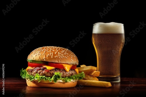 Beer, and still side with a hamburger with potatoes