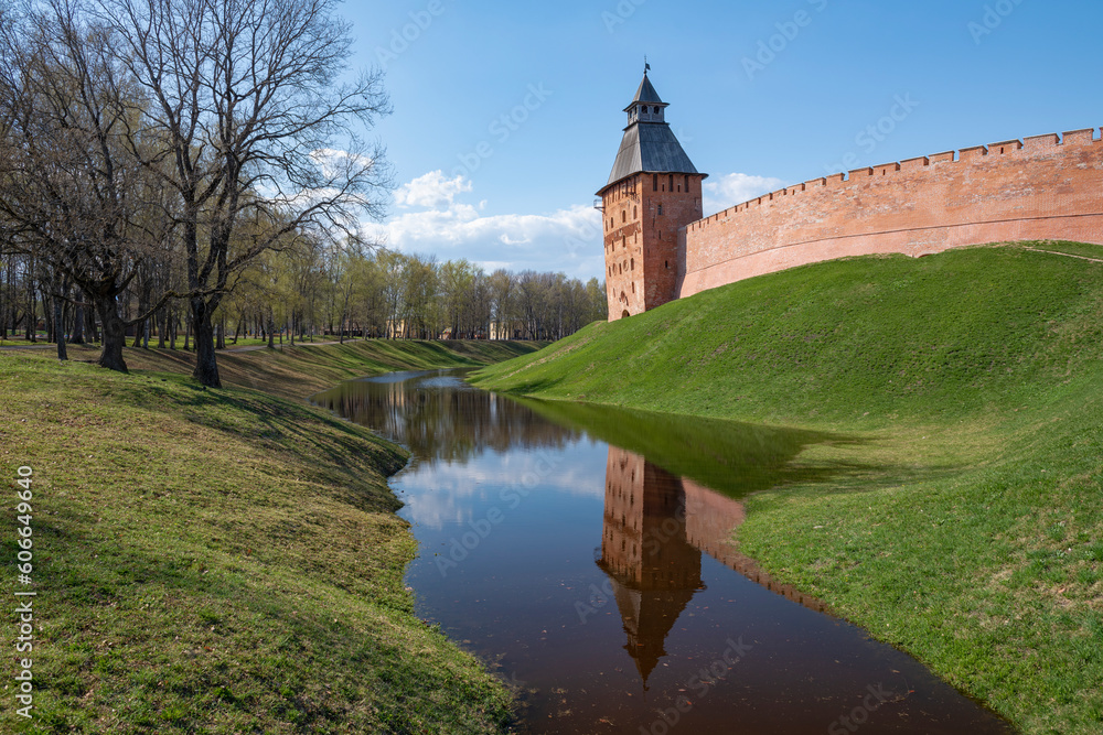 Sunny April day at the walls of the ancient Kremlin of Veliky Novgorod. Russia