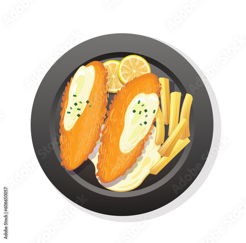 fish and chips on plate vector illustration
