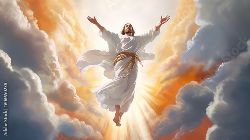 illustration painting of The resurrected Jesus Christ ascending to heaven above the bright light sky and clouds and God, Heaven and Second Coming concept (ai generated) photo