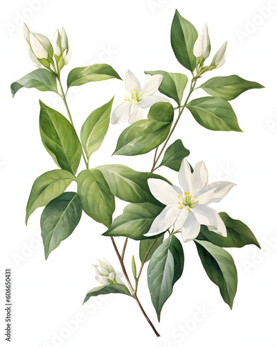 Watercolor Jasmine flower with leaves isolated on white