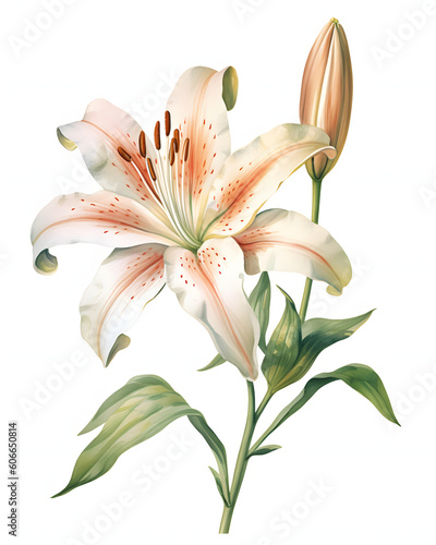 Watercolor Lily flower with leaves isolated on white