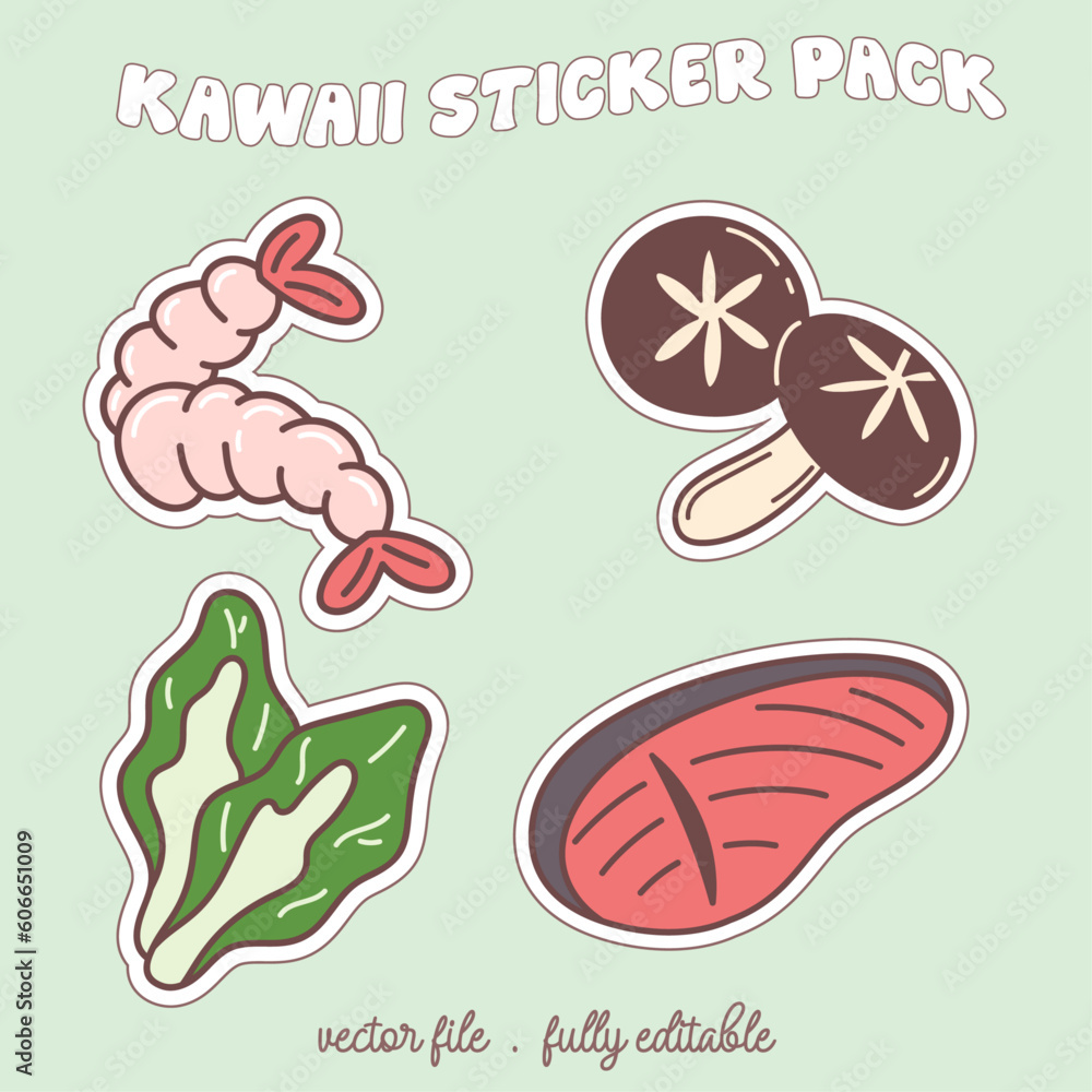 Bright and colorful kawaii food japan style sticker set. Vector stickers in the magazine.