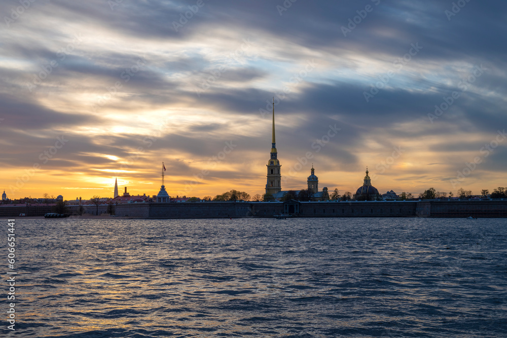 Cloudy May evening on the Neva river near the Peter and Paul Fortress. Saint-Petersburg, Russia