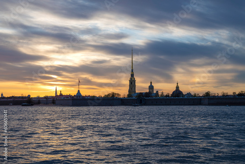 Cloudy May evening on the Neva river near the Peter and Paul Fortress. Saint-Petersburg, Russia