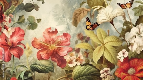 Vintage exotic floral background pattern, generative ai
