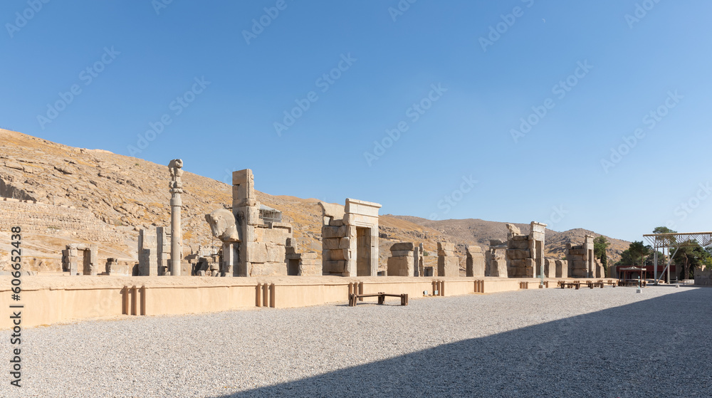 Ruins of Hall of 100 Columns in Persepolis, founded by Darius the Great in 518 BC and capital of ancient Achaemenid Empire, 60 km northeast of Shiraz, Iran. UNESCO World Heritage.