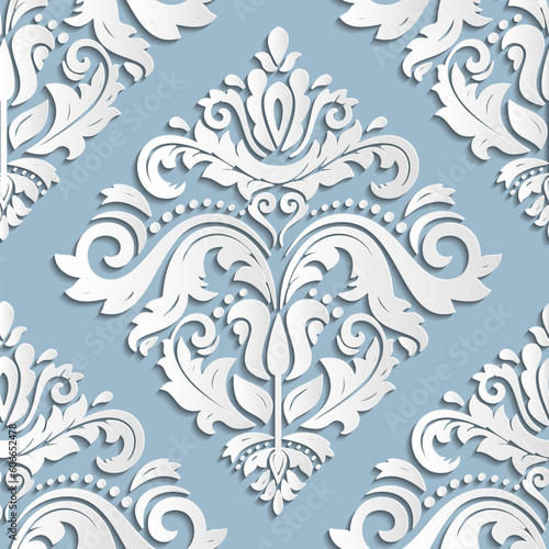 Seamless vector light blue and white oriental ornament. Oriental traditional pattern with 3D elements, shadows and highlights