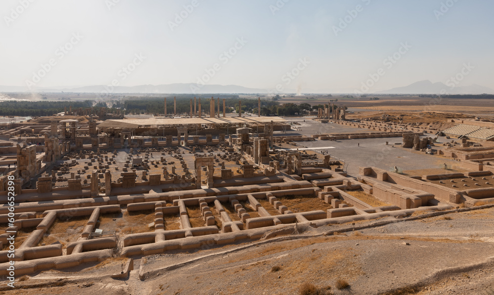 Panoramic general view of ruins in Persepolis, founded by Darius the Great in 518 B.C. and capital of ancient Achaemenid Empire, 60 km northeast of Shiraz, Iran. UNESCO World Heritage.