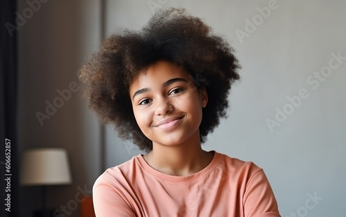 Black dark-skinned african american teenage girl smiling portrait at home. Generative AI