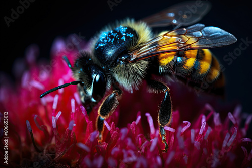 a bee in the middle of a flower with water droplets on it's head and wings, taken from above. Generative Ai