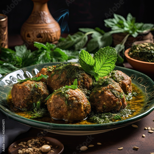 some meatballs in a bowl on a table with herbs and other food items around the bowl is dark brown. Generative Ai photo