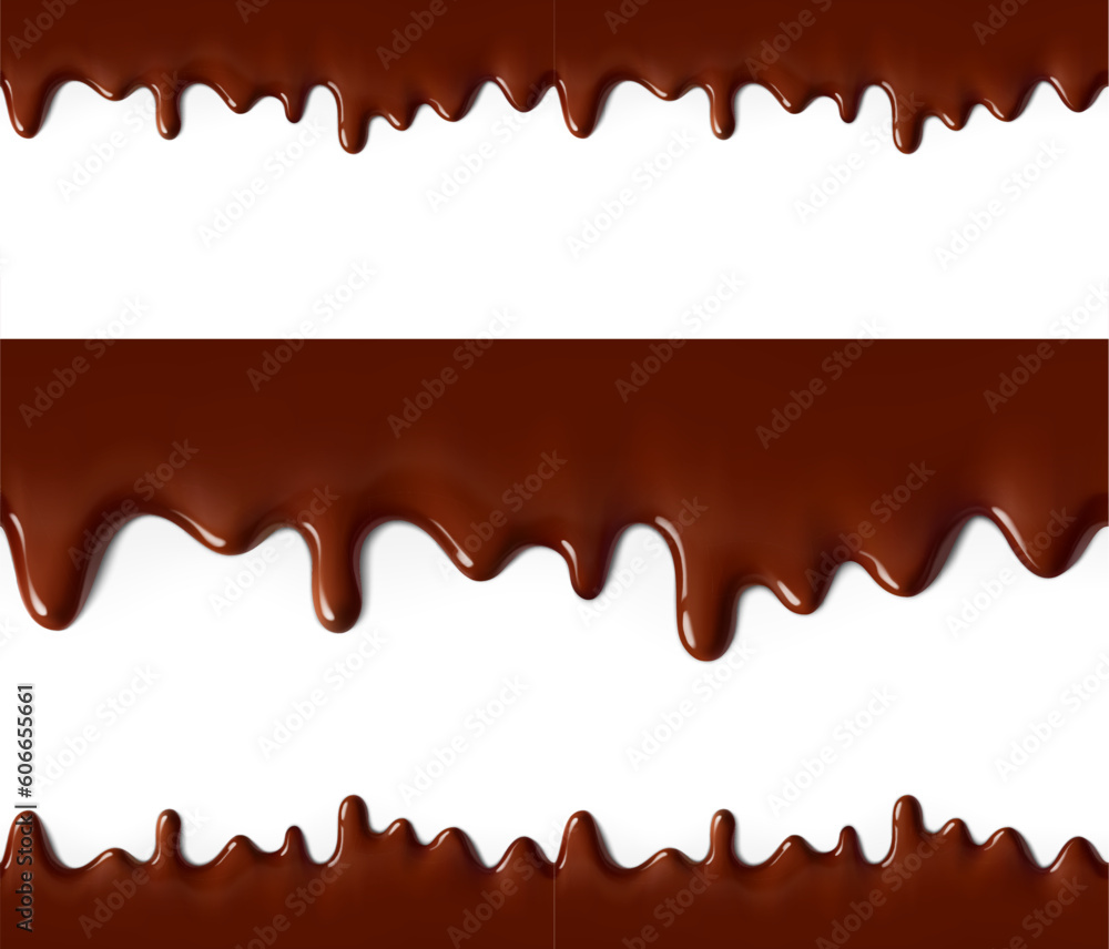 High realistic seamless melted chocolate drops with border sample. Vector illustration isolated on white background. Сan easily be used for different backgrounds. EPS10.