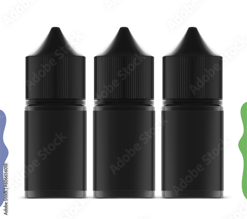 Black vapes bottle mockup isolated on white background. Vector illustration. Can be used to present cigarette liquid, medical and other needs. EPS10.	