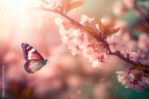 Spring banner, branches of blossoming cherry against the background of blue sky, and butterflies on nature outdoors. Pink sakura flowers, dreamy romantic image spring, landscape panorama, generate ai