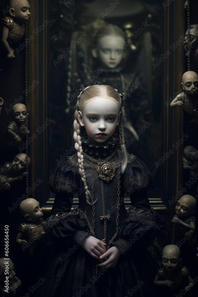 Big strange gothic doll with long blond hair. 