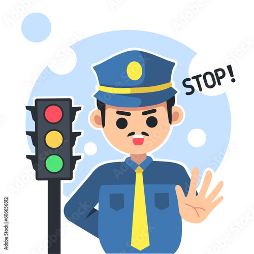 policeman standing guard at red light.ready to stop motorists.flat cartoon illustration