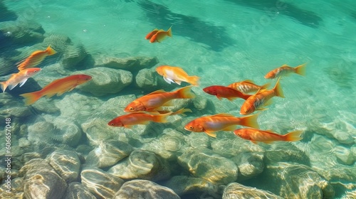  a group of fish swimming in the water near rocks and waterweed on a rock bottom in the water, with a rock bottom in the foreground.  generative ai photo