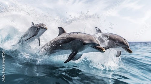 Photography two dolphins are jumping out of the water to catch a fish in the air while another one jumps out of the water to catch a fish in the air
