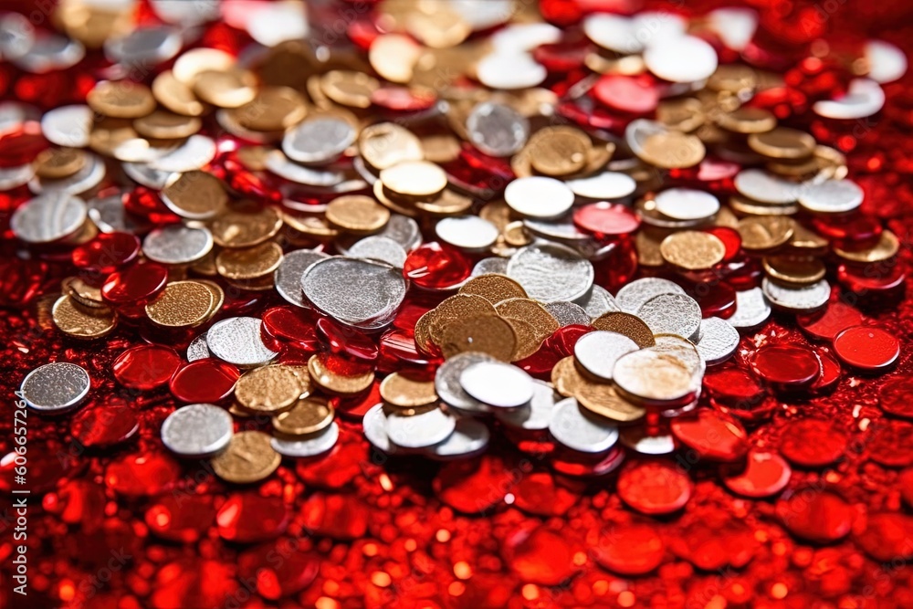 Φωτογραφία a close up of a bunch of coins on a red background with a lot of gold and silver coins on the bottom of the picture