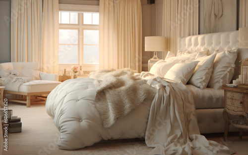 Ivory Dream Cozy Bedroom with Neutral Tones, Generative AI 