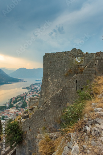 Bay of Kotor  Montenegro. Kotor is beautiful medieval town on Adriatic Sea  with cruise boasts  Venetian fortress  old tiny villages  and mountains