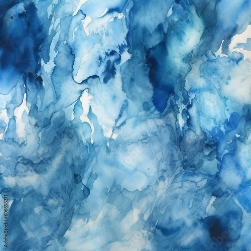 Frosted winter blue watercolor background painted on white paper, Generative AI.