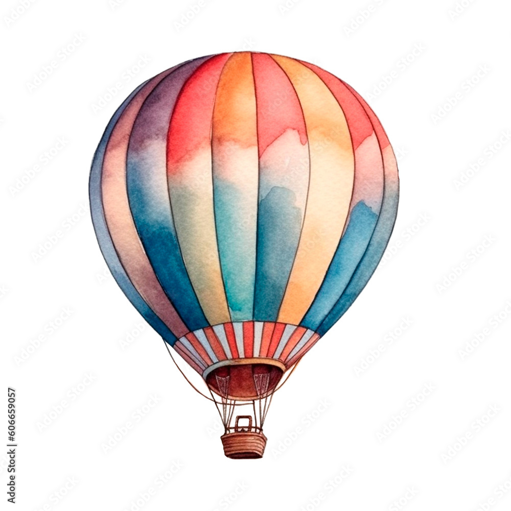 Naklejka premium Hot air balloon watercolor PNG sublimation. AI generative baby shower summer clip art isolated illustration